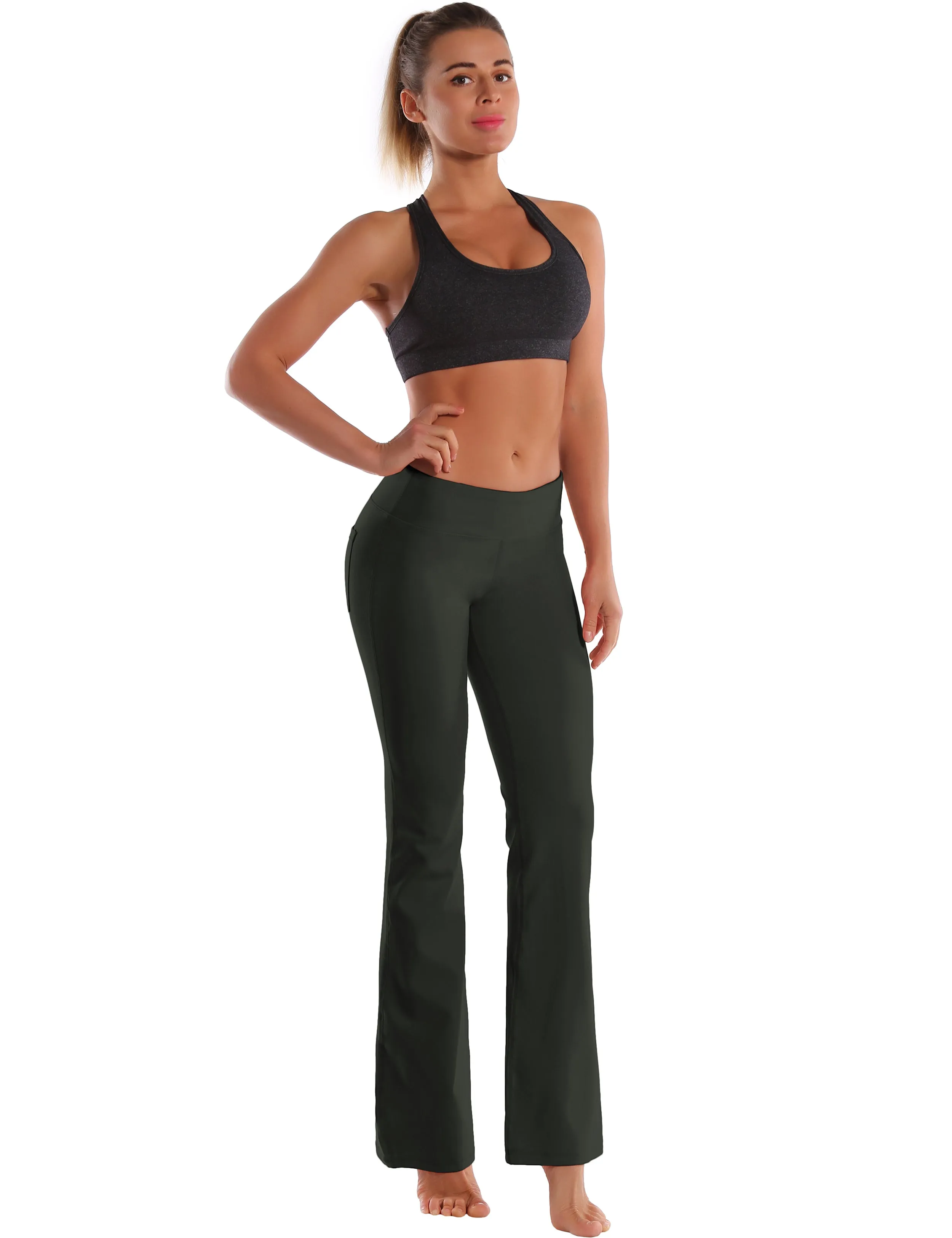 29" 31" 33" 35" 37"  Back Pockets Bootcut Leggings olivegray_Jogging
