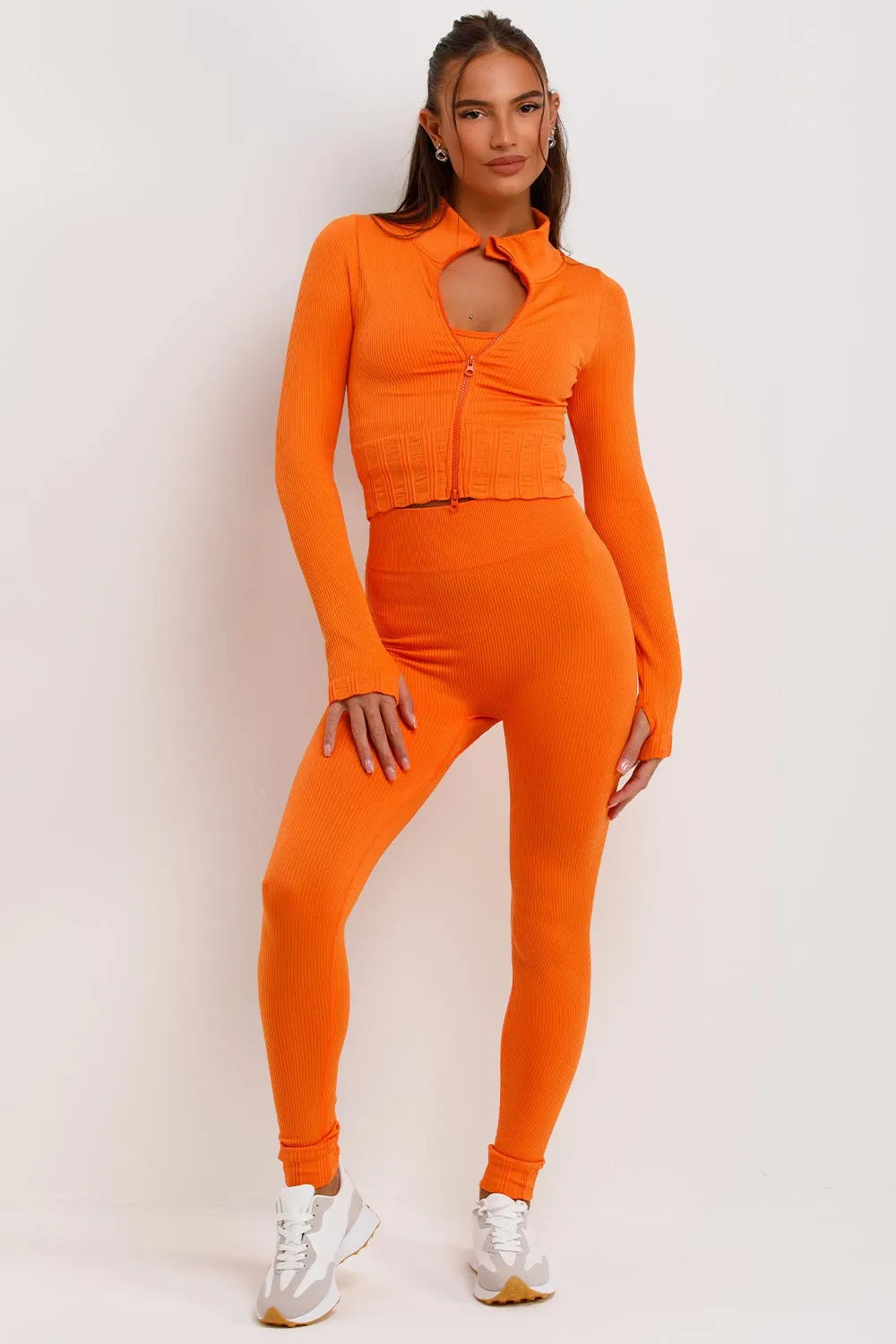 3 Piece Gym Set Ribbed Co Ord Orange