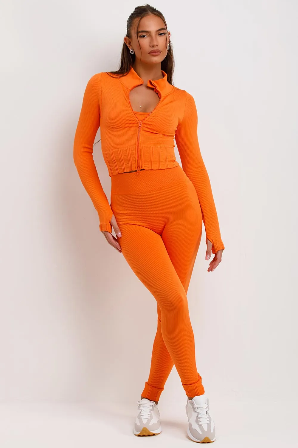 3 Piece Gym Set Ribbed Co Ord Orange