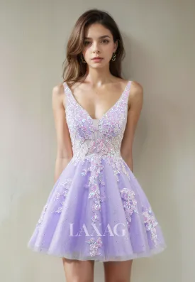 A-Line V-Neck Open Back Tulle Sequins Elegant Party Homecoming Dress