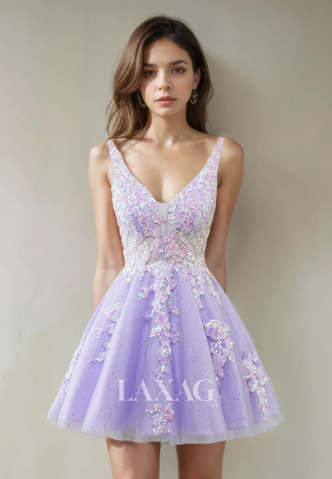 A-Line V-Neck Open Back Tulle Sequins Elegant Party Homecoming Dress