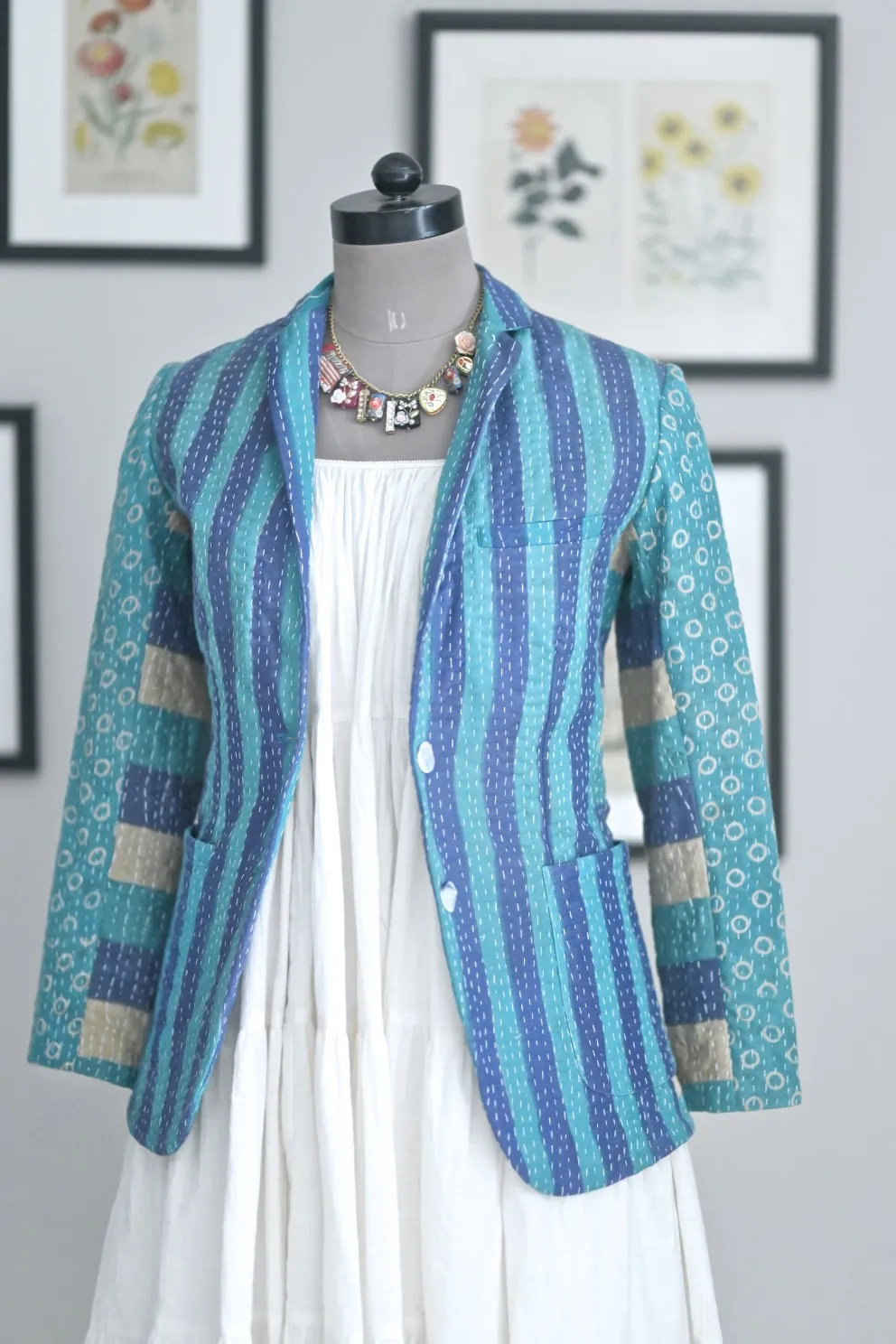Austin, X Small, Boyfriend Blazer, Jacket Made with Vintage Kantha Fabric