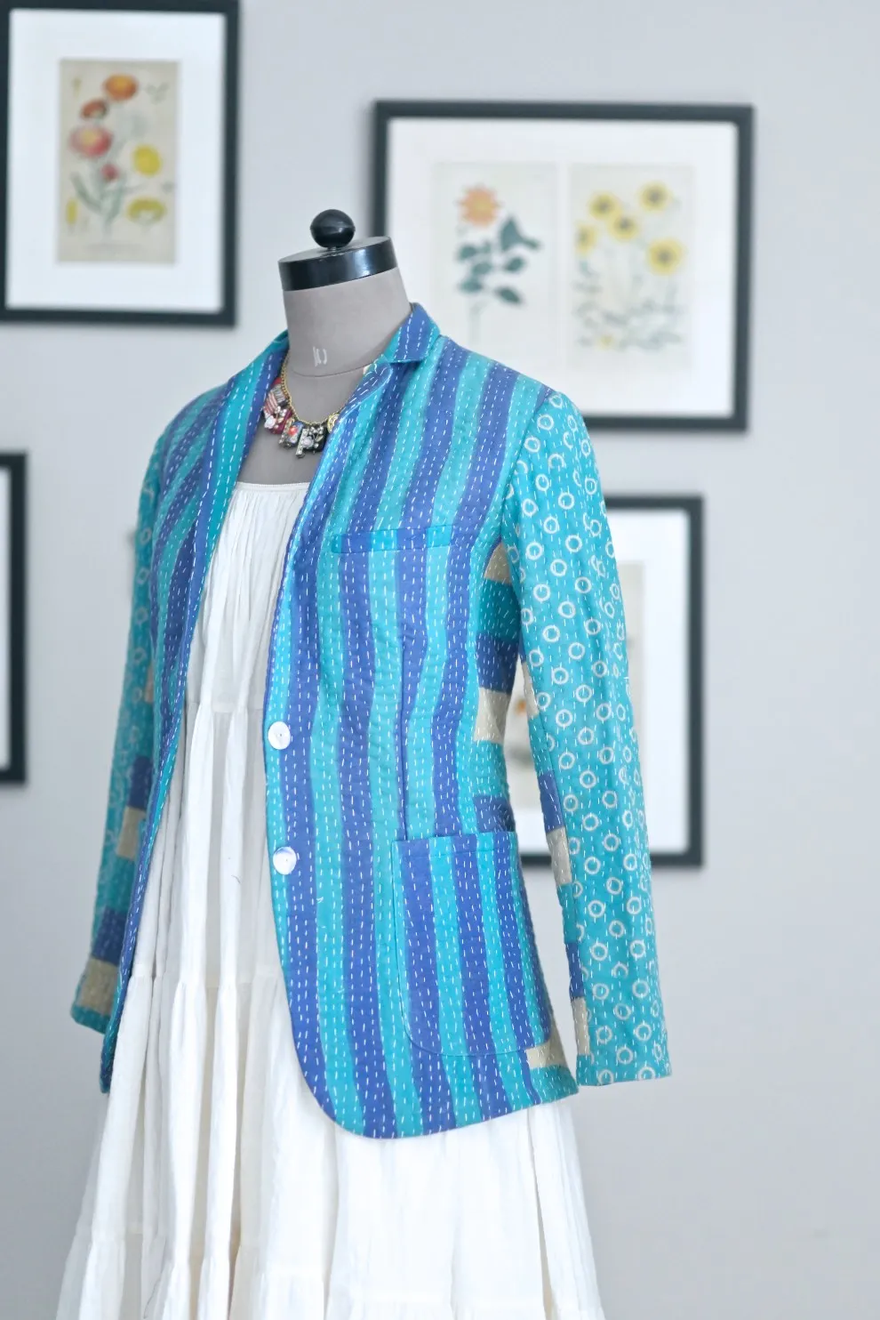 Austin, X Small, Boyfriend Blazer, Jacket Made with Vintage Kantha Fabric
