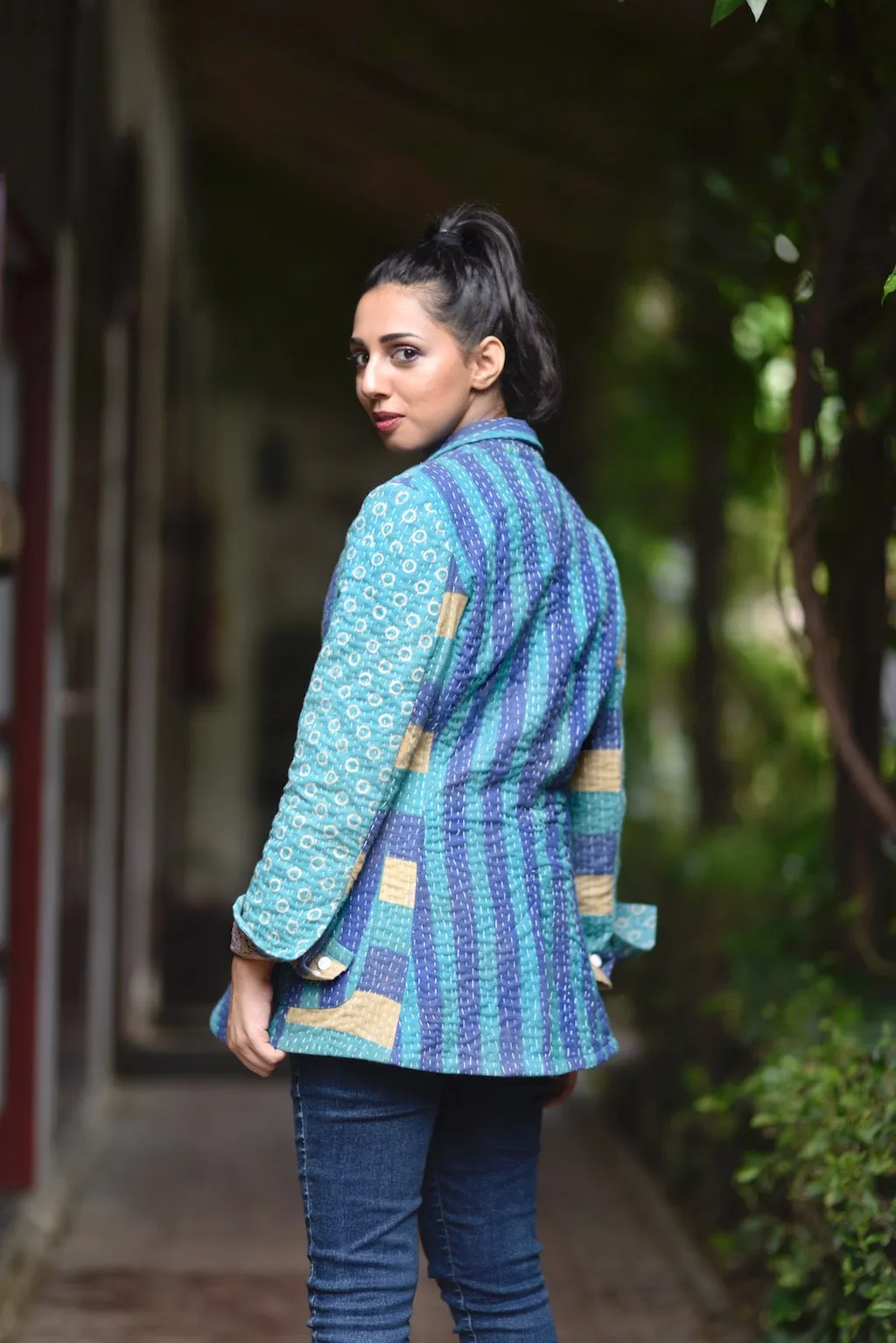 Austin, X Small, Boyfriend Blazer, Jacket Made with Vintage Kantha Fabric