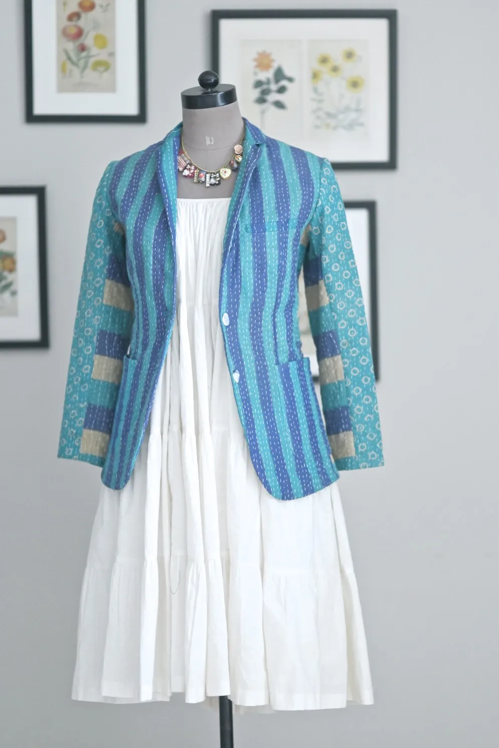 Austin, X Small, Boyfriend Blazer, Jacket Made with Vintage Kantha Fabric