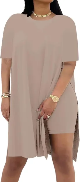 AXOSY Women Plus Size 2 Piece Outfits Short Sleeve Tunic Tops and Skinny Biker Shorts Sets Tracksuits
