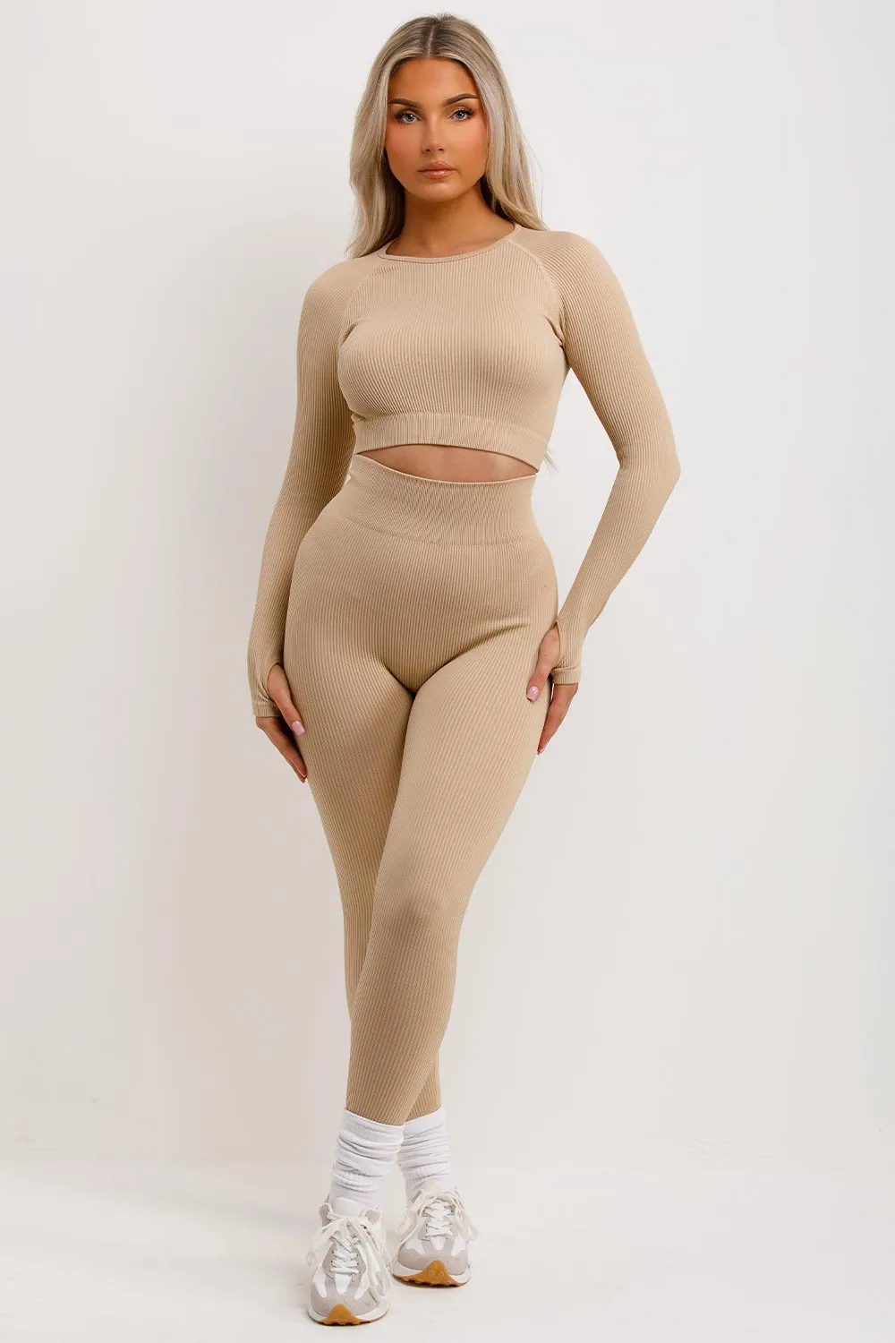 Beige Grey Tracksuit Rib Leggings And Top Set