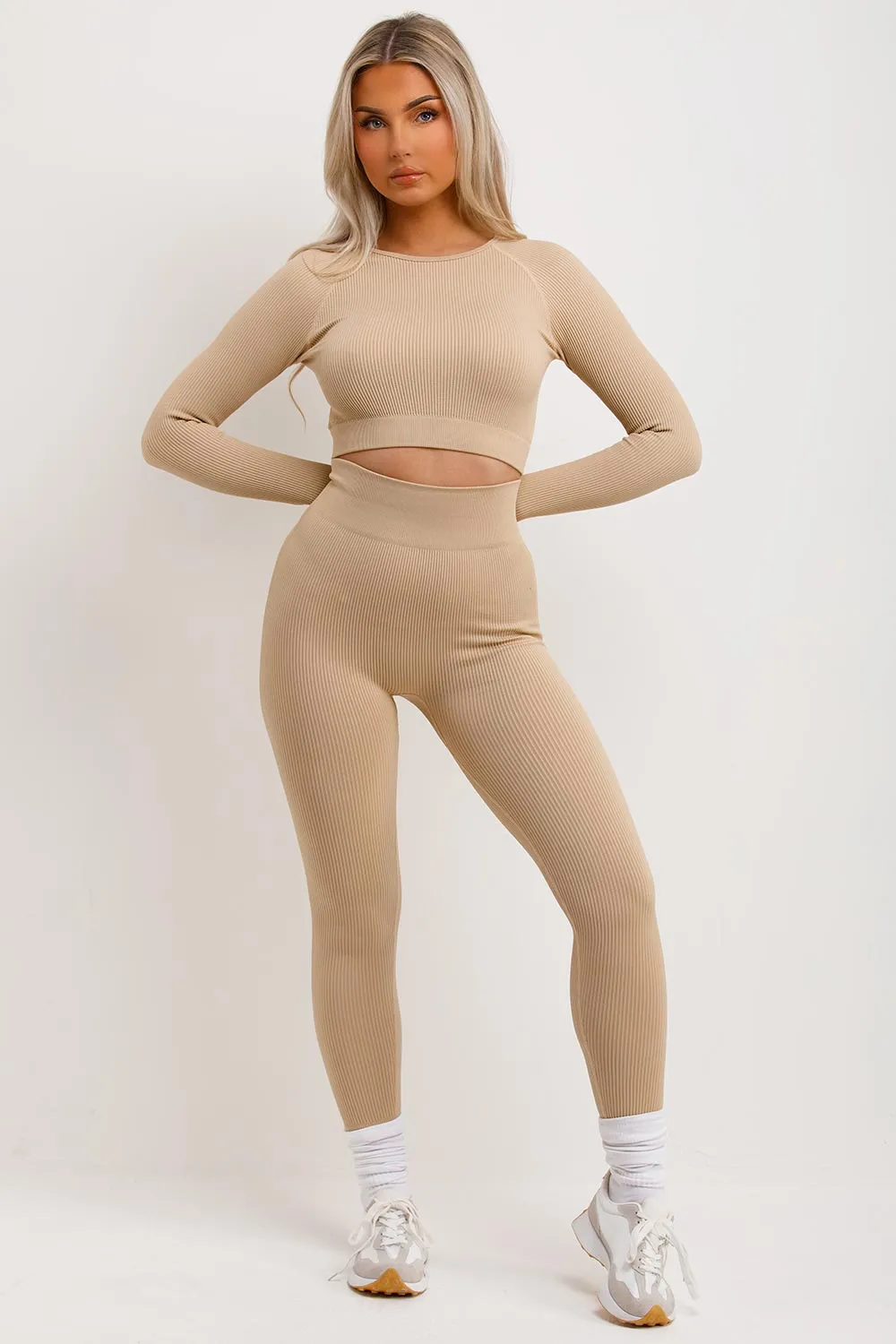 Beige Grey Tracksuit Rib Leggings And Top Set