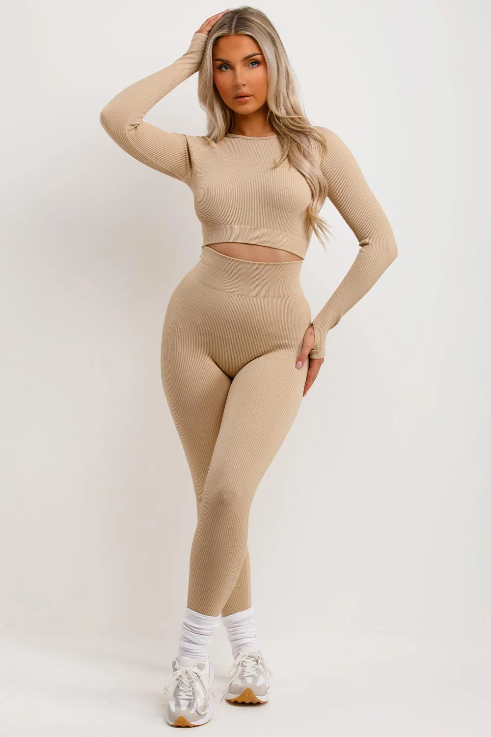 Beige Grey Tracksuit Rib Leggings And Top Set