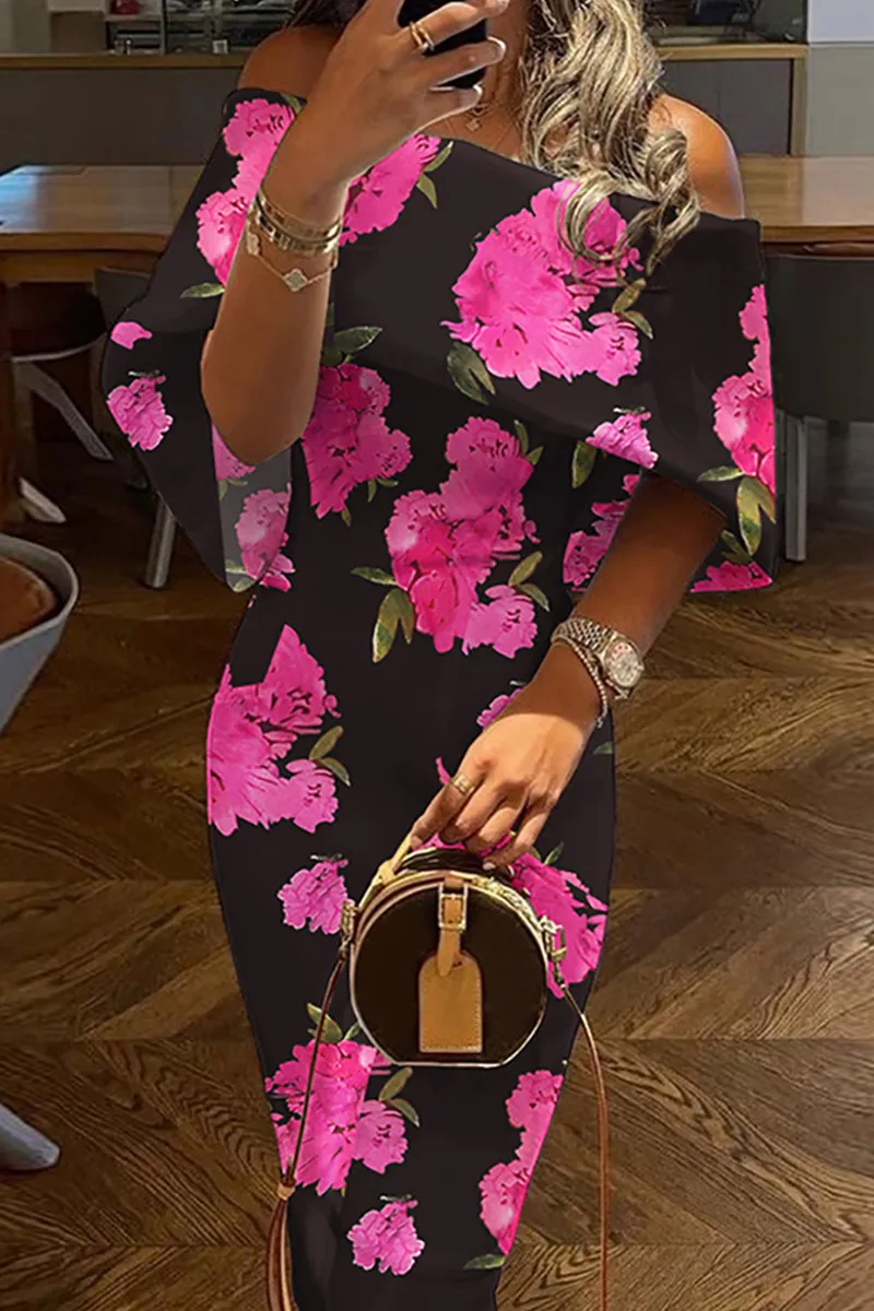 Casual Print Split Joint Off the Shoulder Pencil Skirt Dresses(7 colors)
