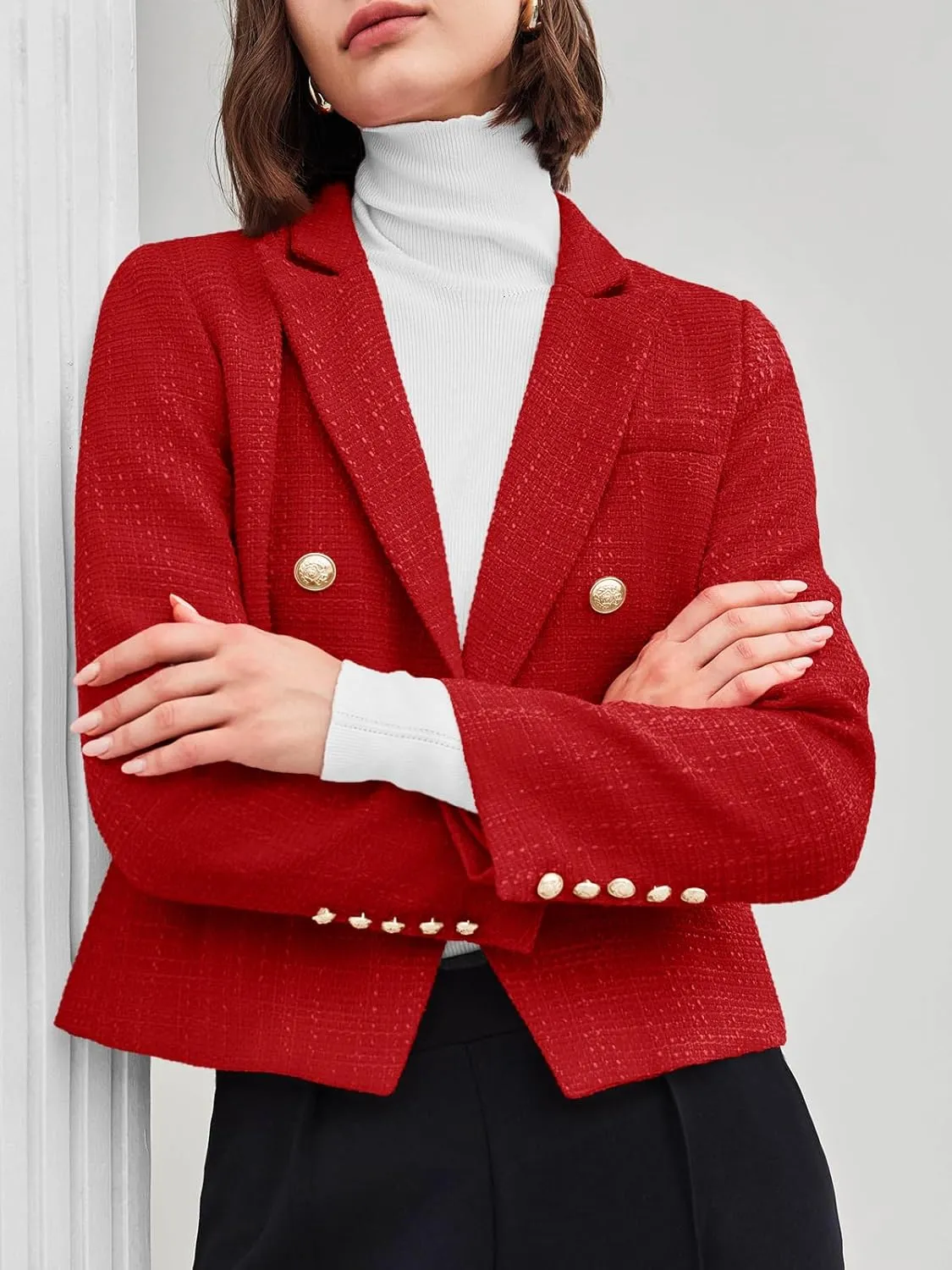 Cicy Bell Women Cropped Tweed Blazer Jackets Lapel Open Front Long Sleeve Business Suit Jackets with Pocket