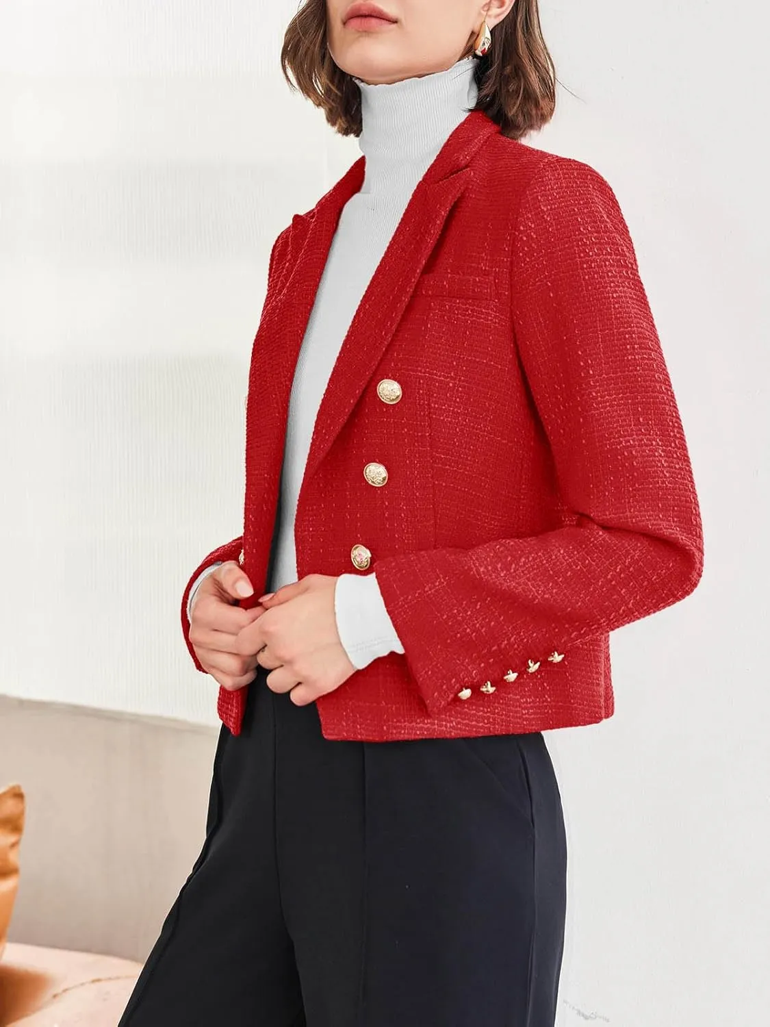 Cicy Bell Women Cropped Tweed Blazer Jackets Lapel Open Front Long Sleeve Business Suit Jackets with Pocket