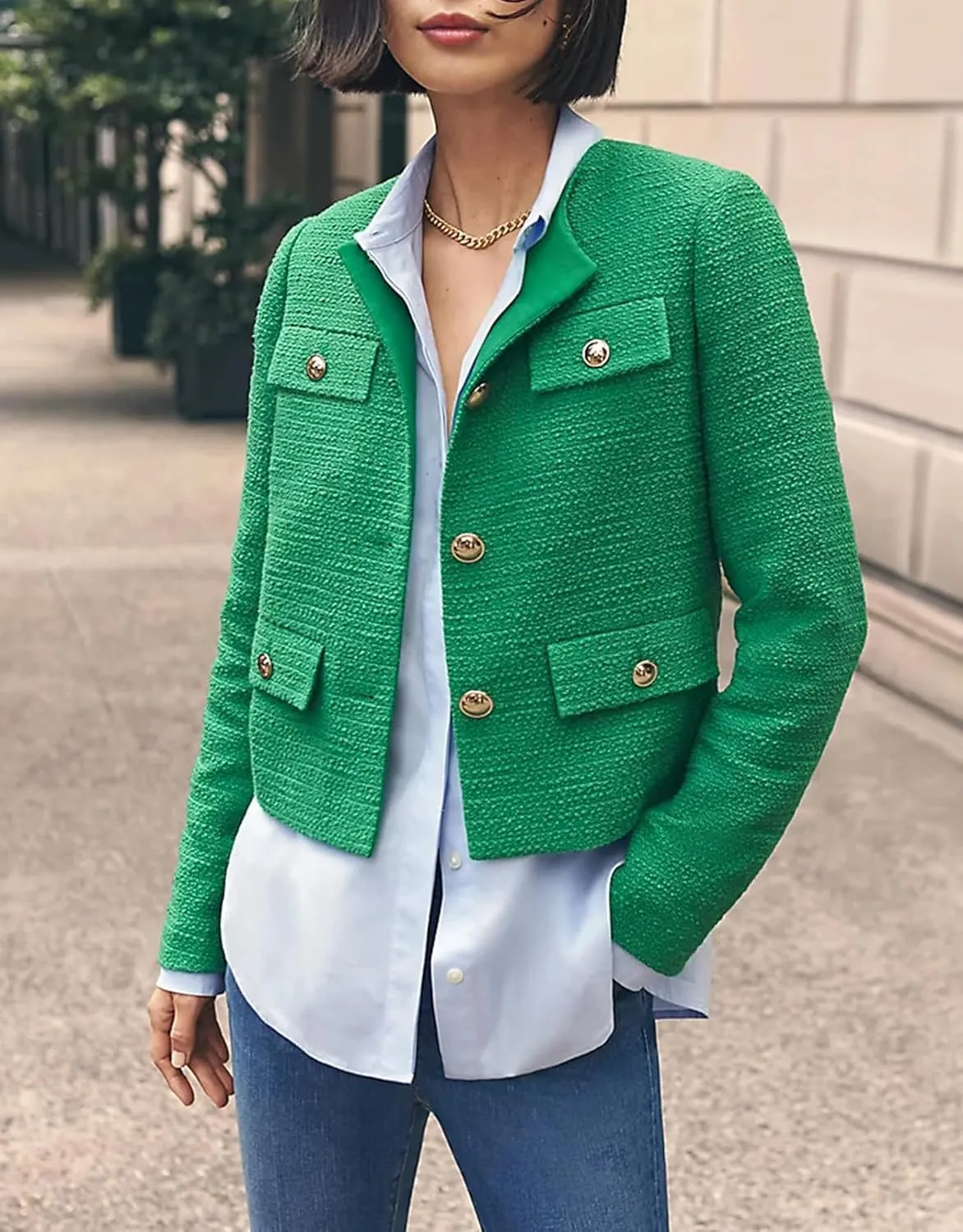 Cropped Tweed Blazer Jackets for Women Elegant Slim Collarless Business Casual Outfits Spring Jackets
