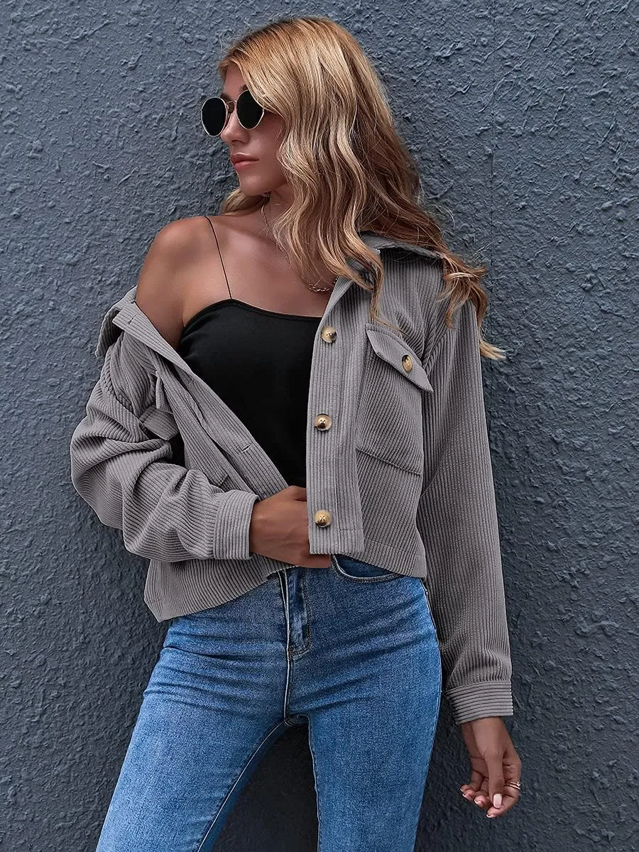 Gihuo Women's Fashion Cropped Shacket Button Down Corduroy Shacket Jackets Casual Plaid Long Sleeve Crop Jackets Tops
