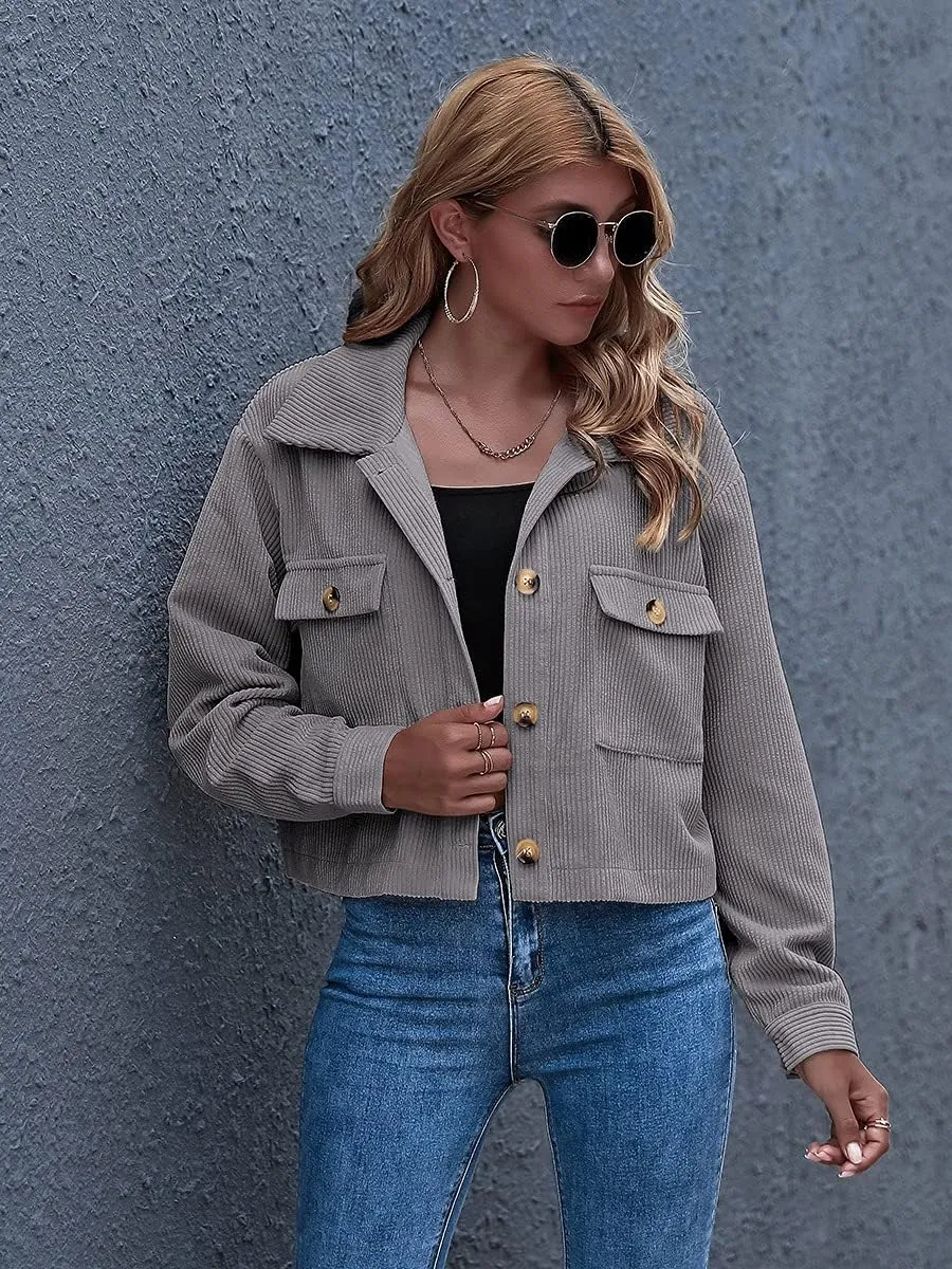 Gihuo Women's Fashion Cropped Shacket Button Down Corduroy Shacket Jackets Casual Plaid Long Sleeve Crop Jackets Tops