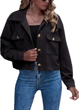 Gihuo Women's Fashion Cropped Shacket Button Down Corduroy Shacket Jackets Casual Plaid Long Sleeve Crop Jackets Tops