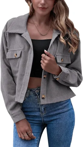 Gihuo Women's Fashion Cropped Shacket Button Down Corduroy Shacket Jackets Casual Plaid Long Sleeve Crop Jackets Tops