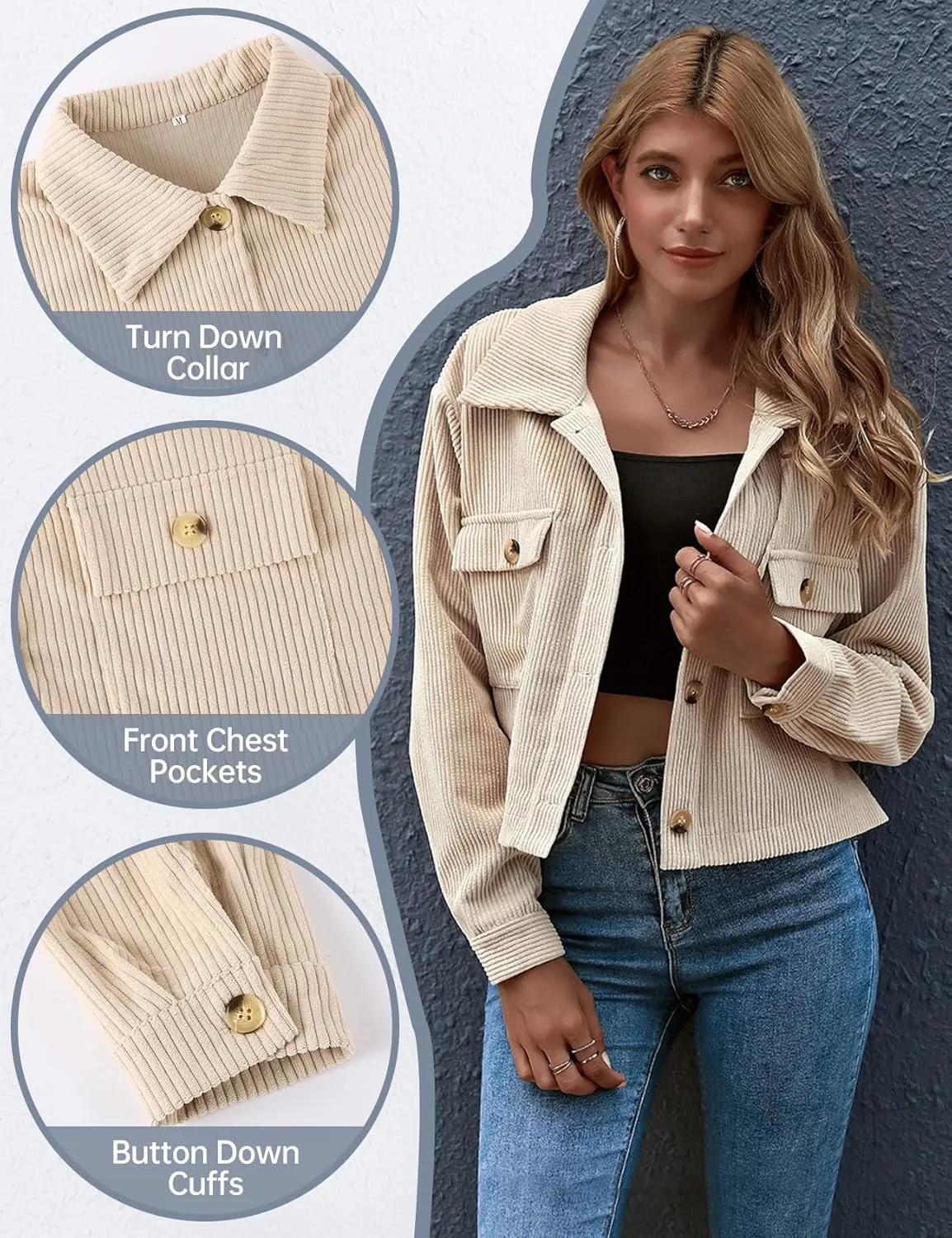 Gihuo Women's Fashion Cropped Shacket Button Down Corduroy Shacket Jackets Casual Plaid Long Sleeve Crop Jackets Tops