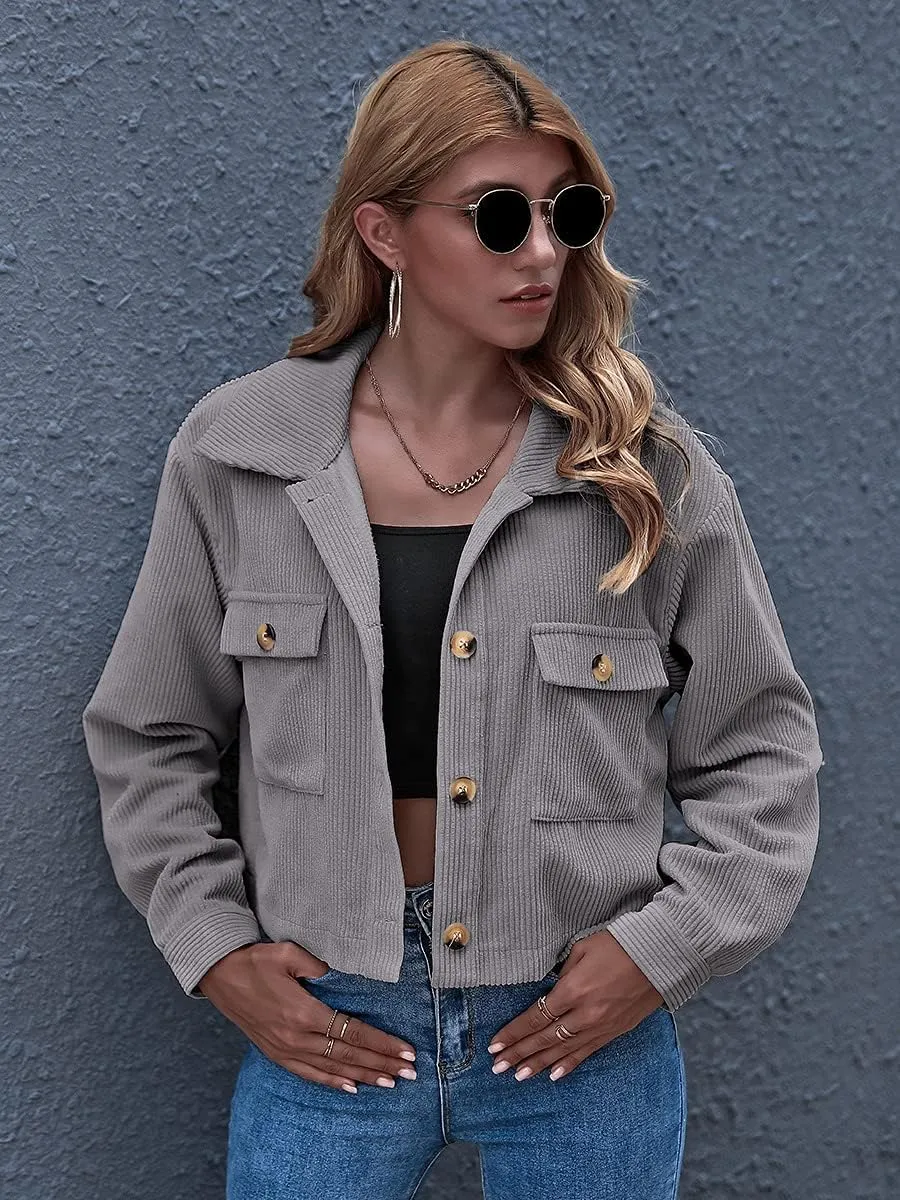 Gihuo Women's Fashion Cropped Shacket Button Down Corduroy Shacket Jackets Casual Plaid Long Sleeve Crop Jackets Tops