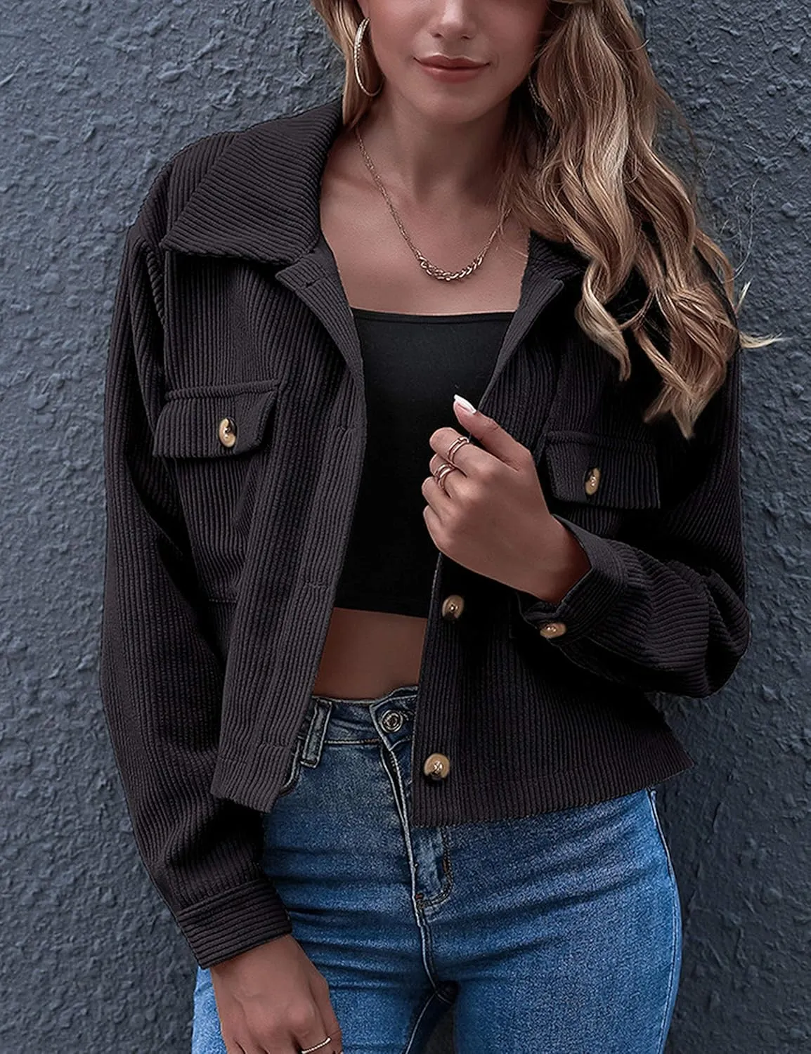 Gihuo Women's Fashion Cropped Shacket Button Down Corduroy Shacket Jackets Casual Plaid Long Sleeve Crop Jackets Tops