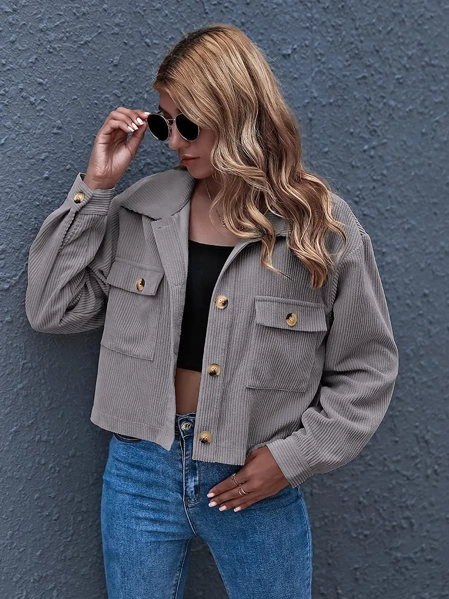 Gihuo Women's Fashion Cropped Shacket Button Down Corduroy Shacket Jackets Casual Plaid Long Sleeve Crop Jackets Tops