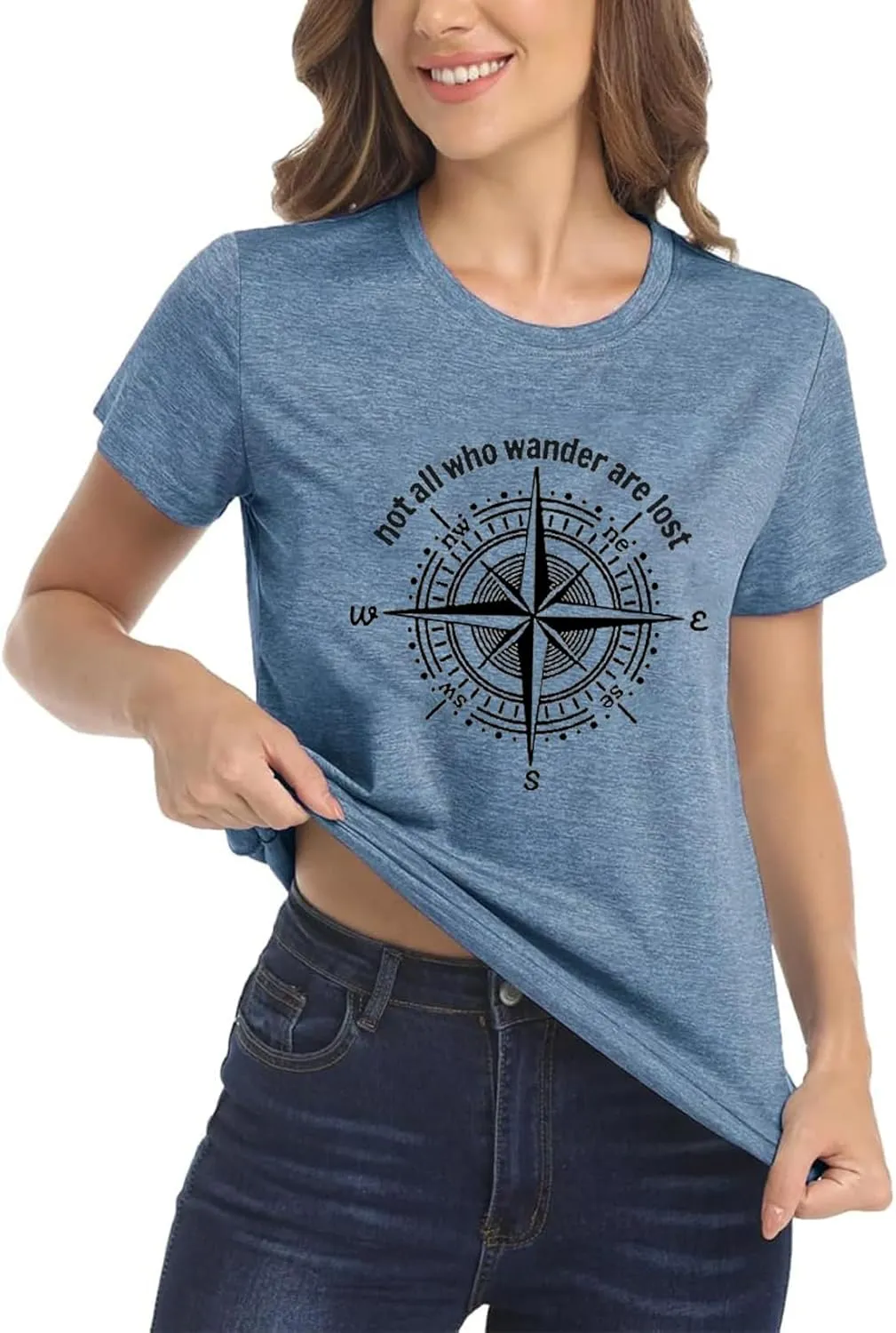 Graphic T-Shirts for Women Hiking Camping Trip Compass Printed Vintage Summer Casual Tees Holiday Workout Tops