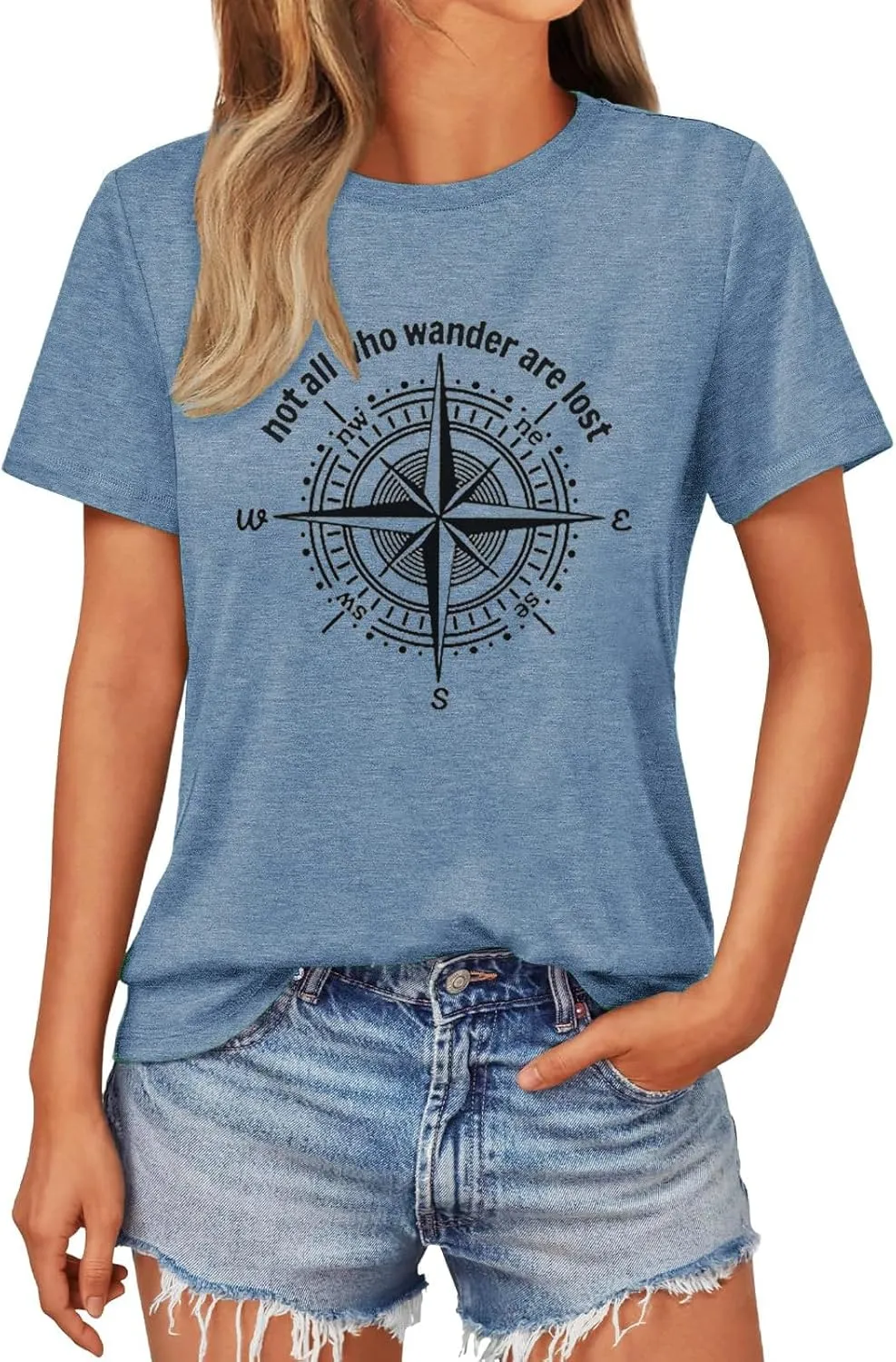 Graphic T-Shirts for Women Hiking Camping Trip Compass Printed Vintage Summer Casual Tees Holiday Workout Tops