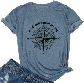 Graphic T-Shirts for Women Hiking Camping Trip Compass Printed Vintage Summer Casual Tees Holiday Workout Tops