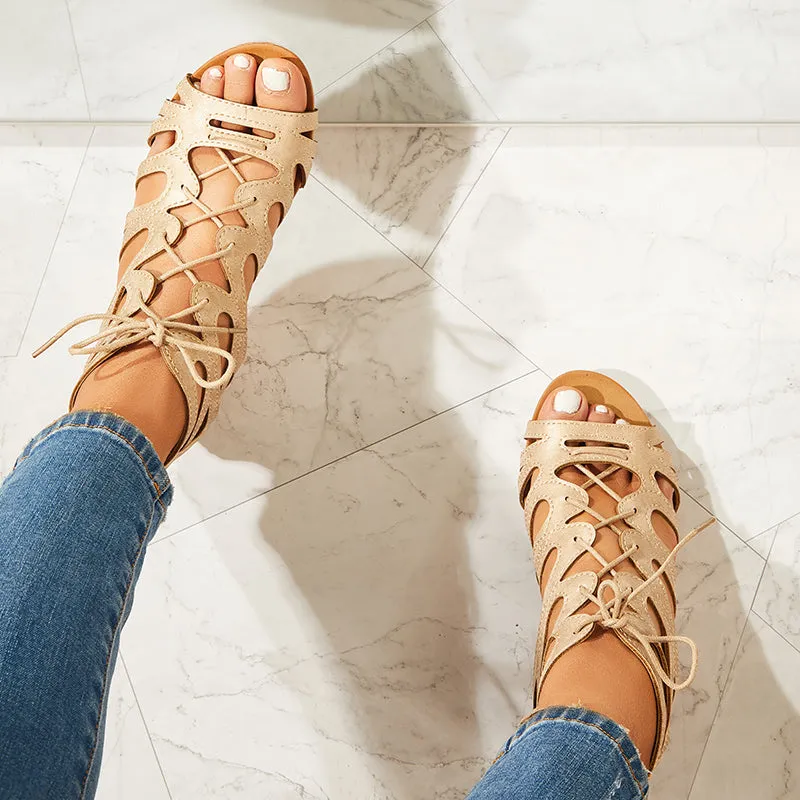 Lace Up Gladiator Wedges Peep Toe Cutout Back Zip Sandals