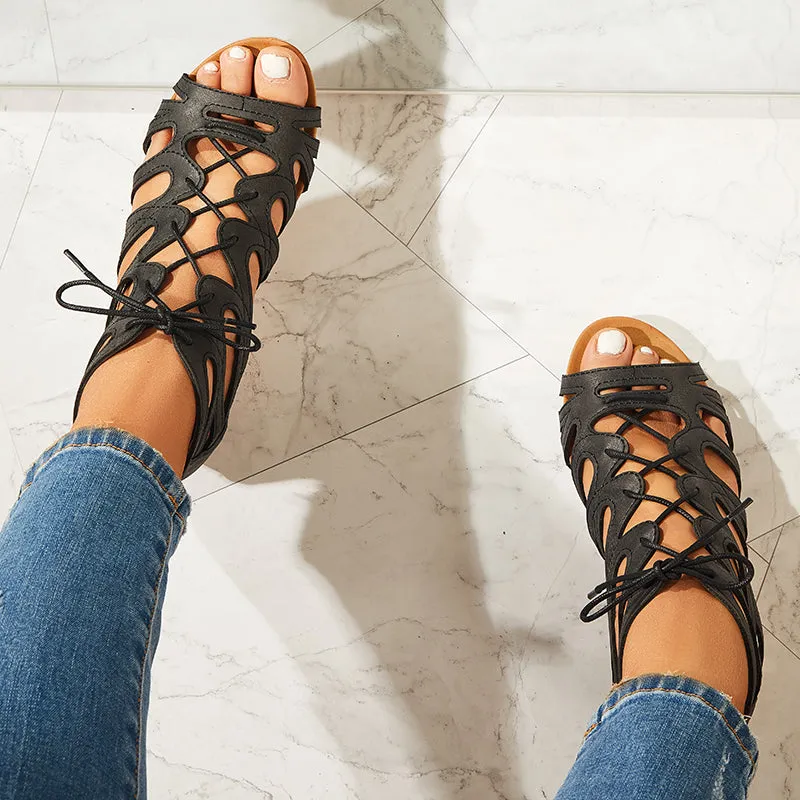 Lace Up Gladiator Wedges Peep Toe Cutout Back Zip Sandals