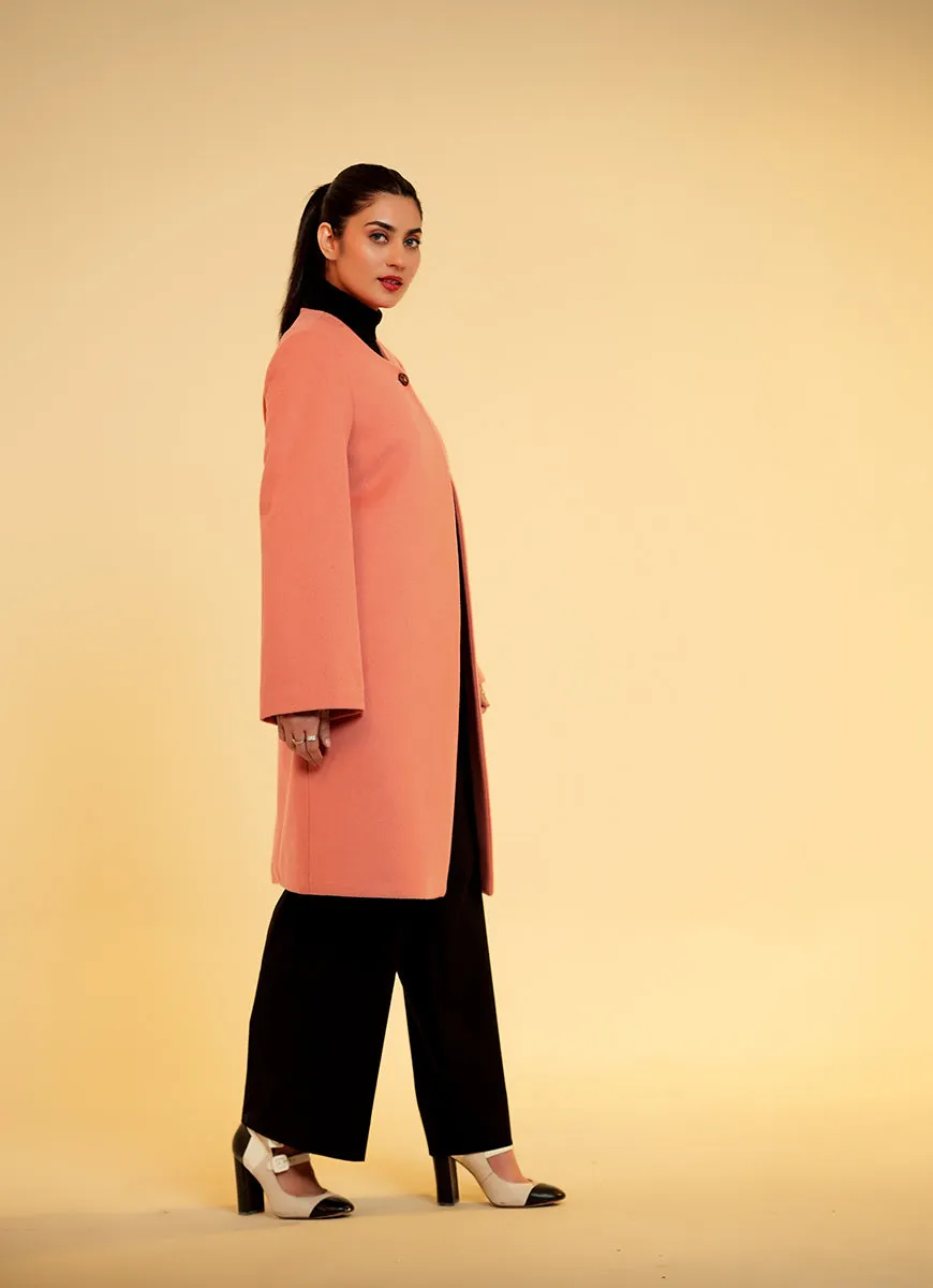 Ladies Open Front Long Coat - Peach Plain