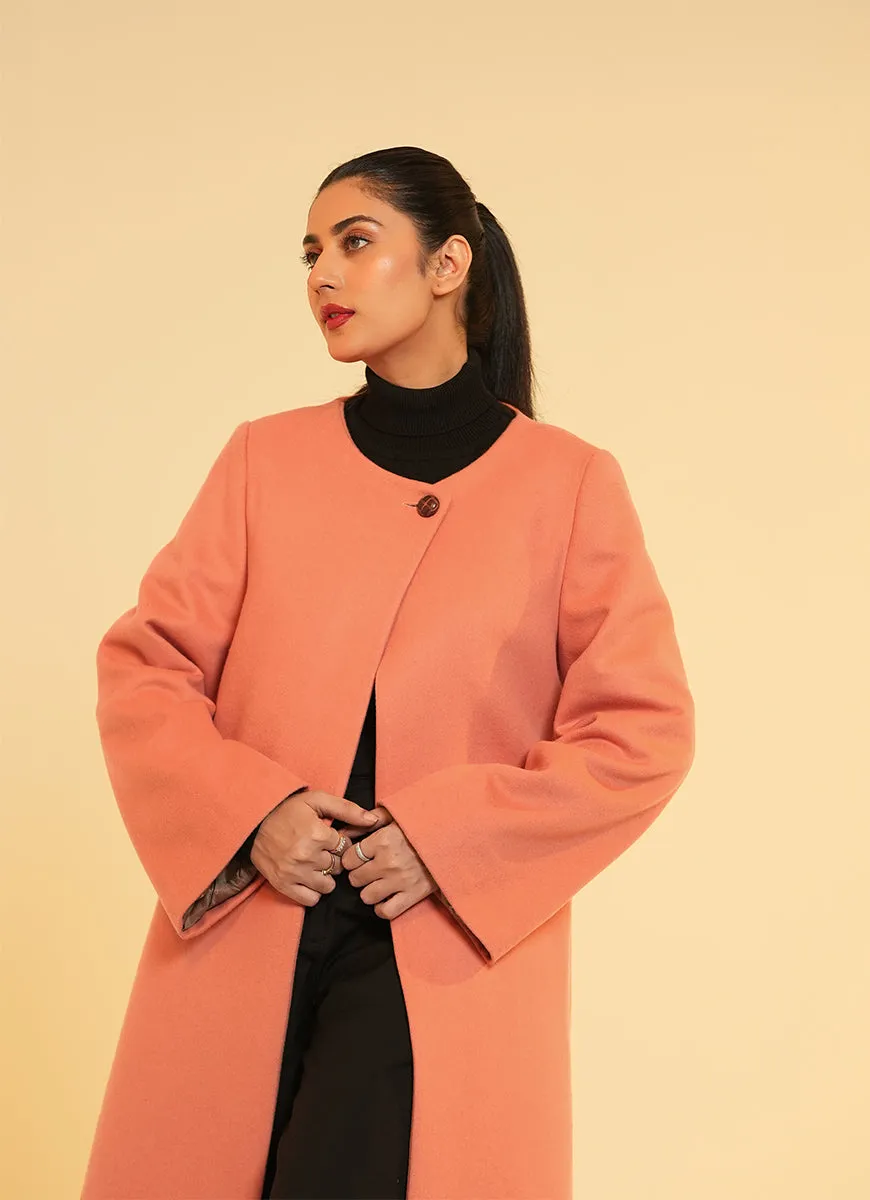 Ladies Open Front Long Coat - Peach Plain