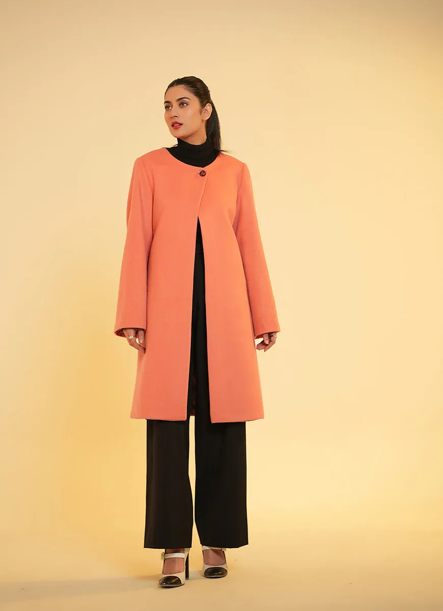 Ladies Open Front Long Coat - Peach Plain