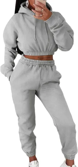 LovelyWholesale Women 2 Piece Outfits Long Sleeve Crop Hoodies and Pants Sweatsuit Set