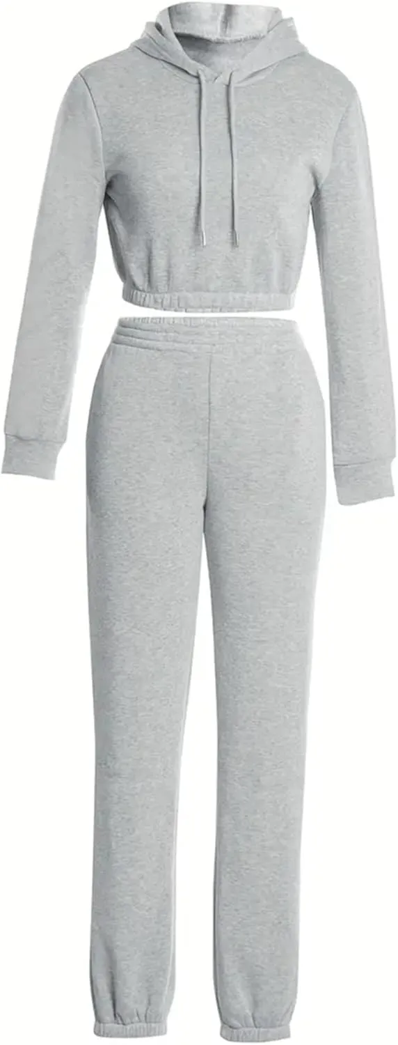 LovelyWholesale Women 2 Piece Outfits Long Sleeve Crop Hoodies and Pants Sweatsuit Set
