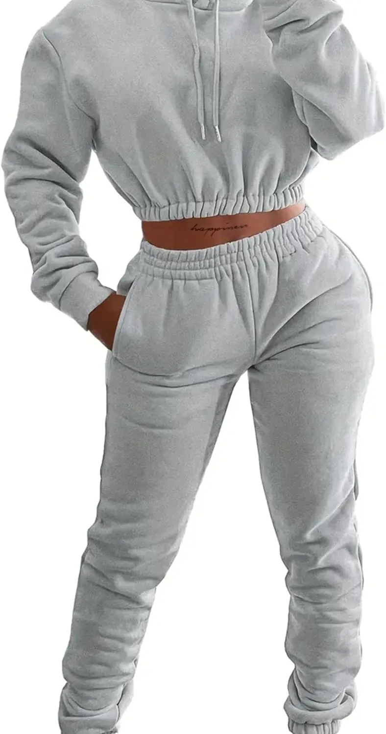 LovelyWholesale Women 2 Piece Outfits Long Sleeve Crop Hoodies and Pants Sweatsuit Set
