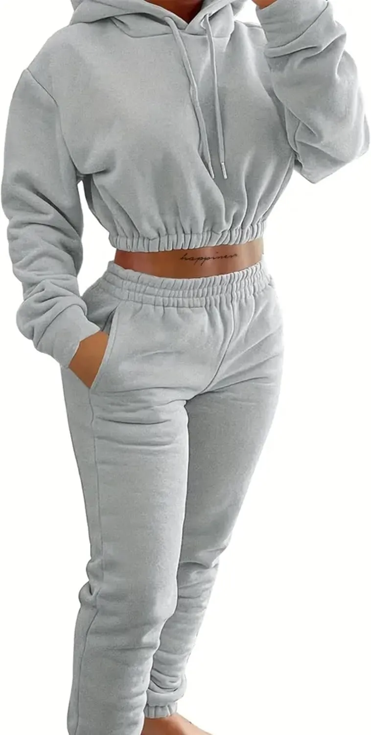 LovelyWholesale Women 2 Piece Outfits Long Sleeve Crop Hoodies and Pants Sweatsuit Set