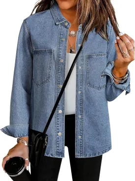 luvamia Denim Jackets for Women Trendy Long Sleeve Jean Jacket Casual Button Down Western Flat Pocket Shacket