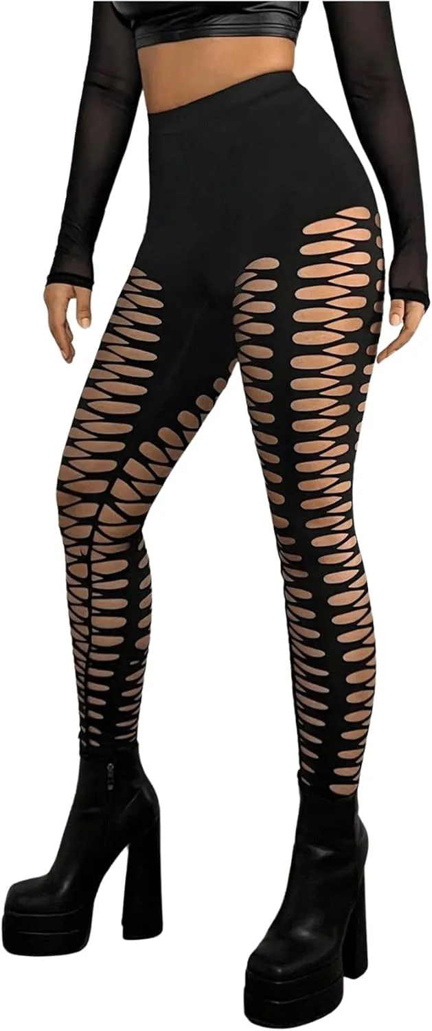 MakeMeChic Women's Cut Out Sexy Leggings Criss Cross Skinny Pants Party Clubwear
