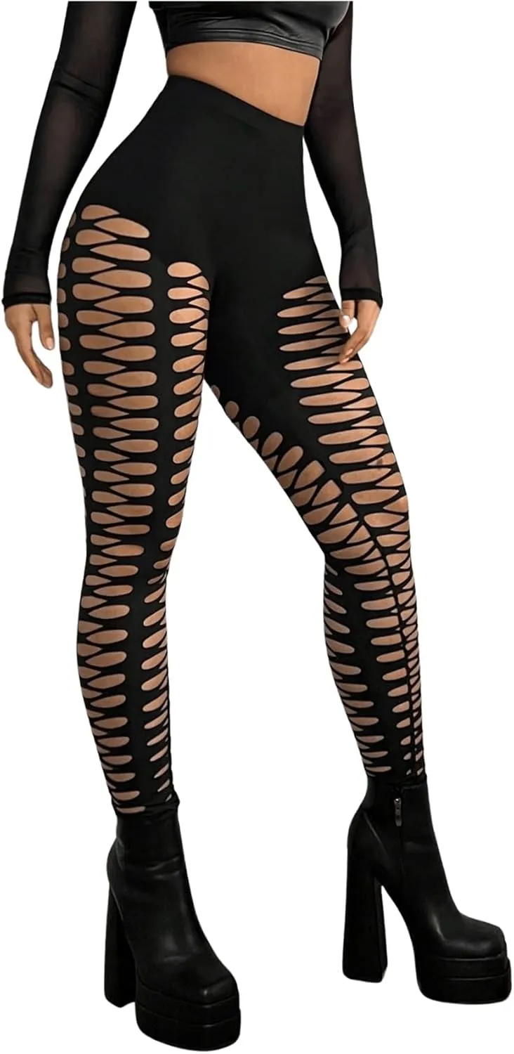 MakeMeChic Women's Cut Out Sexy Leggings Criss Cross Skinny Pants Party Clubwear