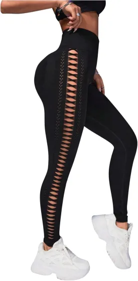 MakeMeChic Women's Cut Out Sexy Leggings Criss Cross Skinny Pants Party Clubwear
