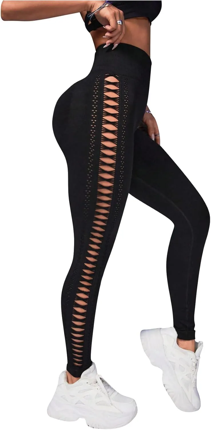MakeMeChic Women's Cut Out Sexy Leggings Criss Cross Skinny Pants Party Clubwear
