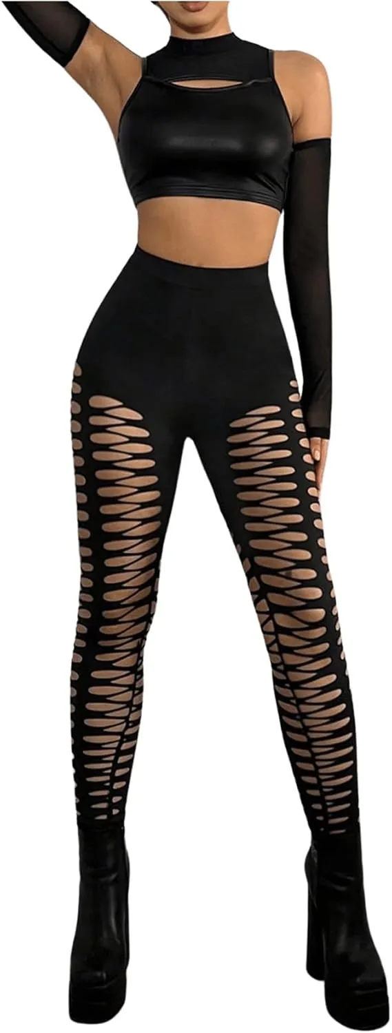 MakeMeChic Women's Cut Out Sexy Leggings Criss Cross Skinny Pants Party Clubwear
