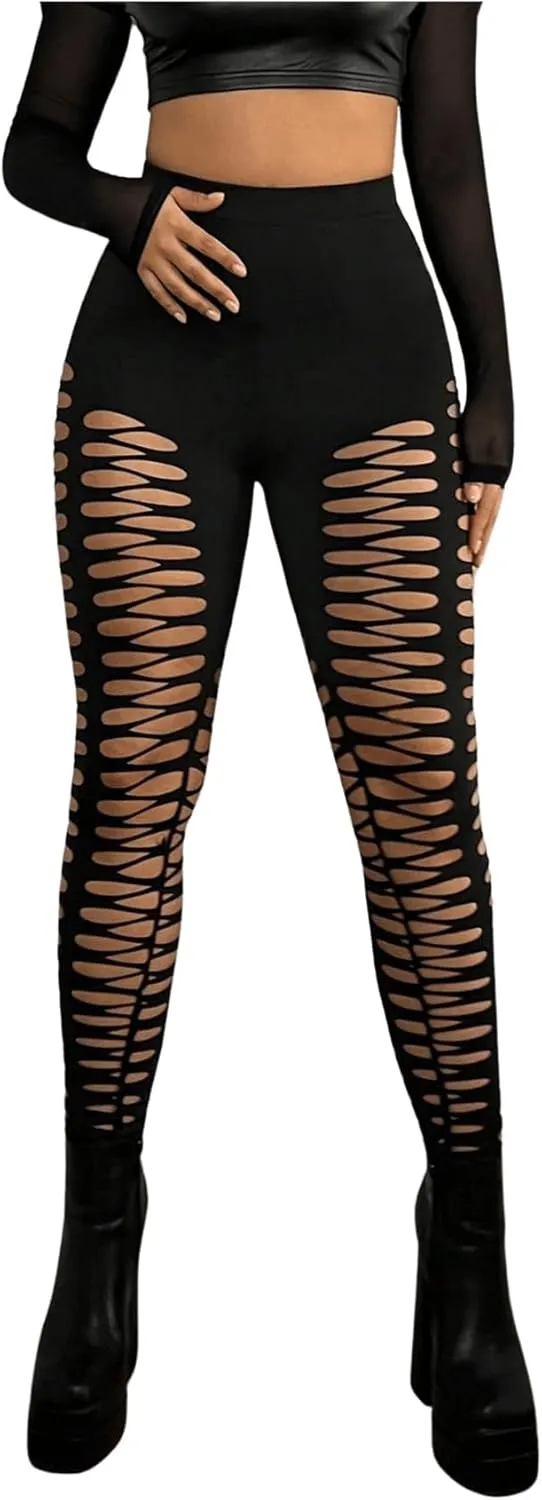 MakeMeChic Women's Cut Out Sexy Leggings Criss Cross Skinny Pants Party Clubwear