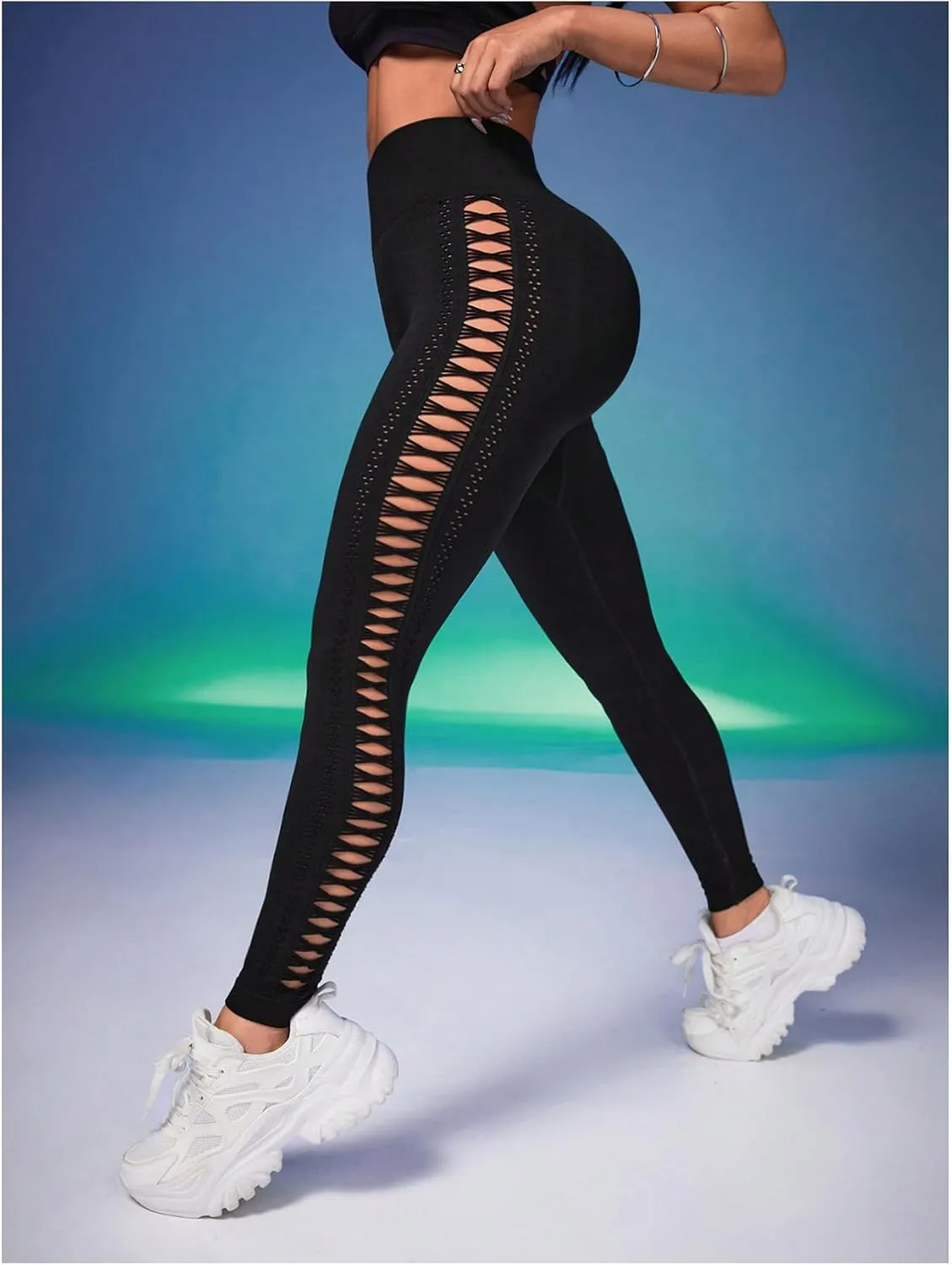 MakeMeChic Women's Cut Out Sexy Leggings Criss Cross Skinny Pants Party Clubwear