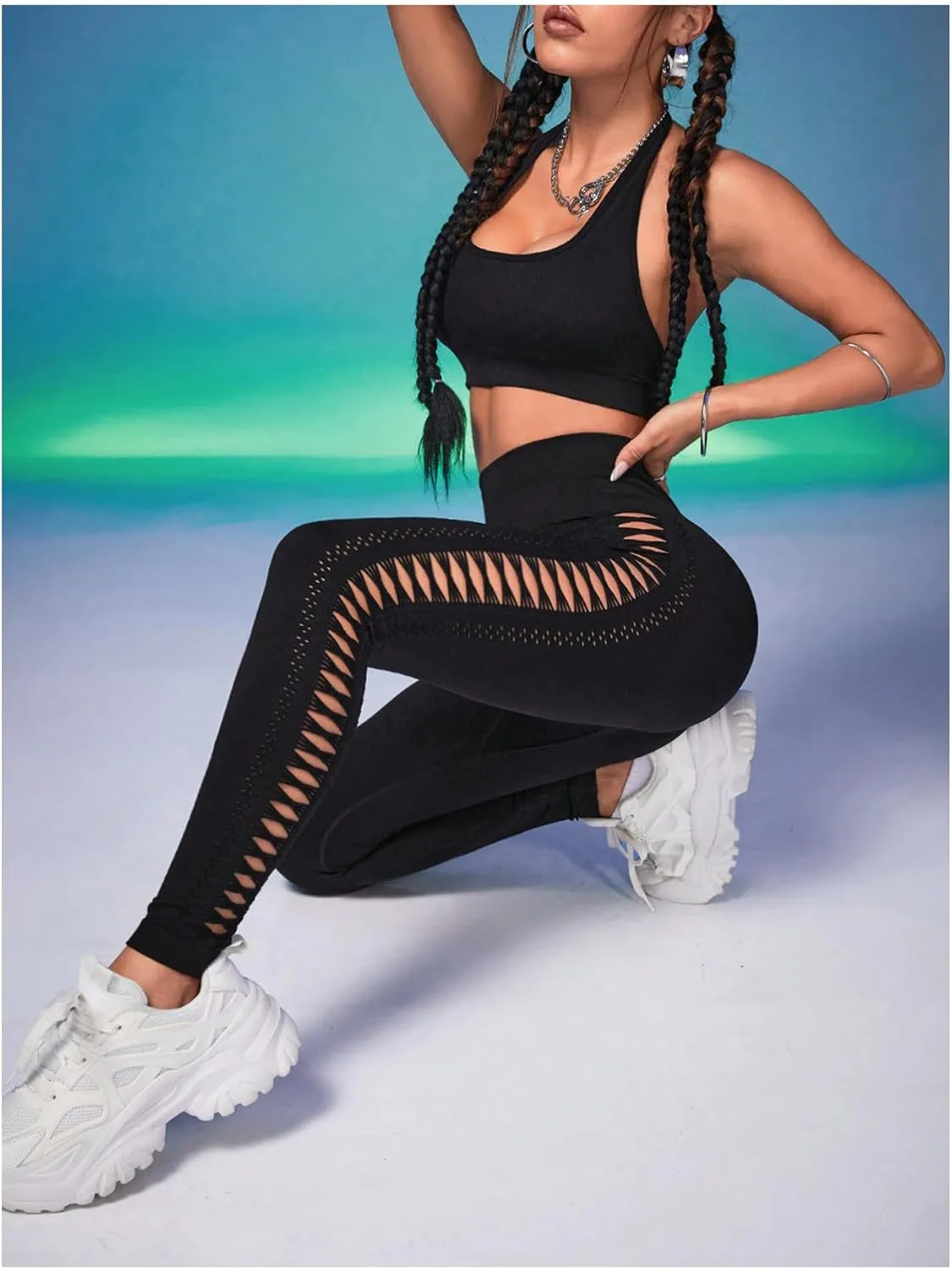 MakeMeChic Women's Cut Out Sexy Leggings Criss Cross Skinny Pants Party Clubwear