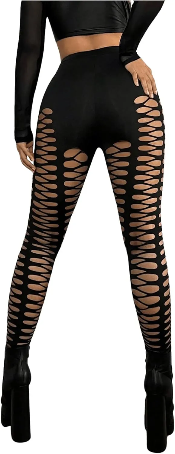 MakeMeChic Women's Cut Out Sexy Leggings Criss Cross Skinny Pants Party Clubwear