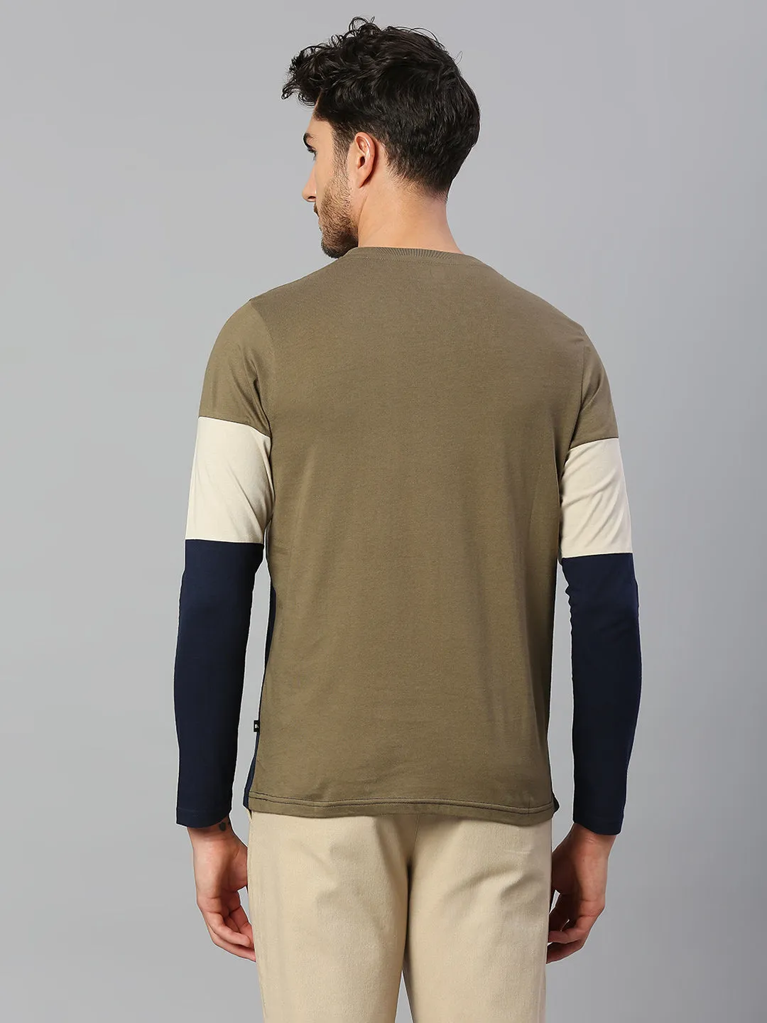 Men's Pure Cotton Color Block Full Sleeves Crew Neck T-Shirt (Olive)