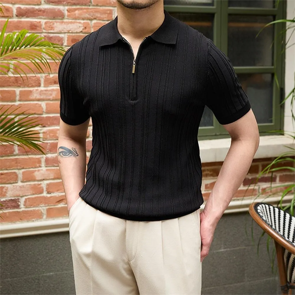 Men's Slim Fit Sunken Stripe Knitwear Short Sleeve - Versatile All-Matching Style