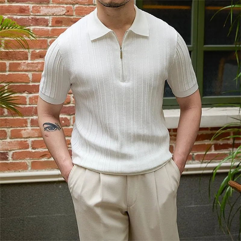 Men's Slim Fit Sunken Stripe Knitwear Short Sleeve - Versatile All-Matching Style